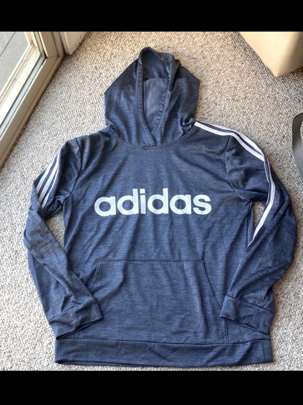 Adidas Athletic Hoodie. Bluegray Adidas logo. White sleeve stripe. Size L. EUC